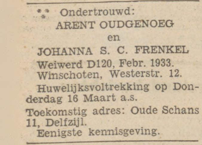 Familiebericht in Nieuwsblad van het Noorden. Trouwaankondiging Arent en Johanna