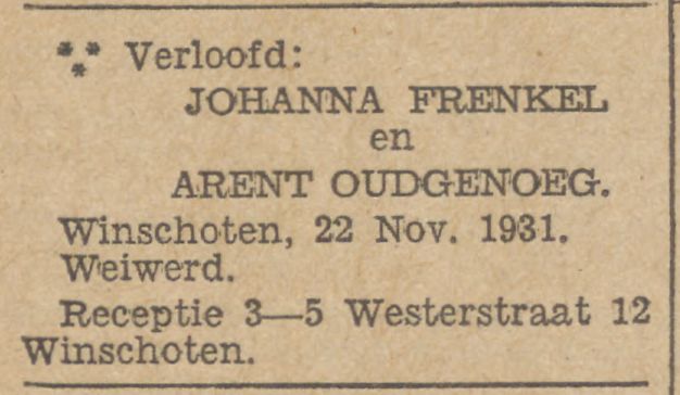 Verlovingsvermelding Johanna en Arent in Nieuwsblad van het Noorden